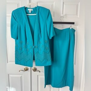 Teal Embellished Skirt Suit Set